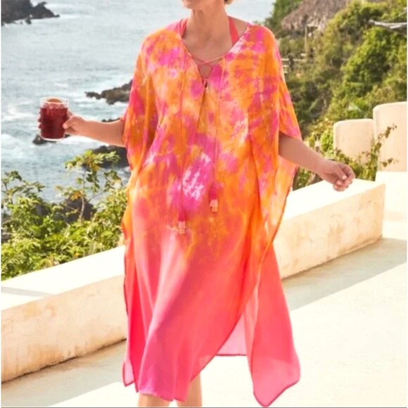 Tommy Bahama Tidal Tie Dye V-Neck Long Caftan L XL Pink Cover Up Tassel Beach - Picture 5 of 14